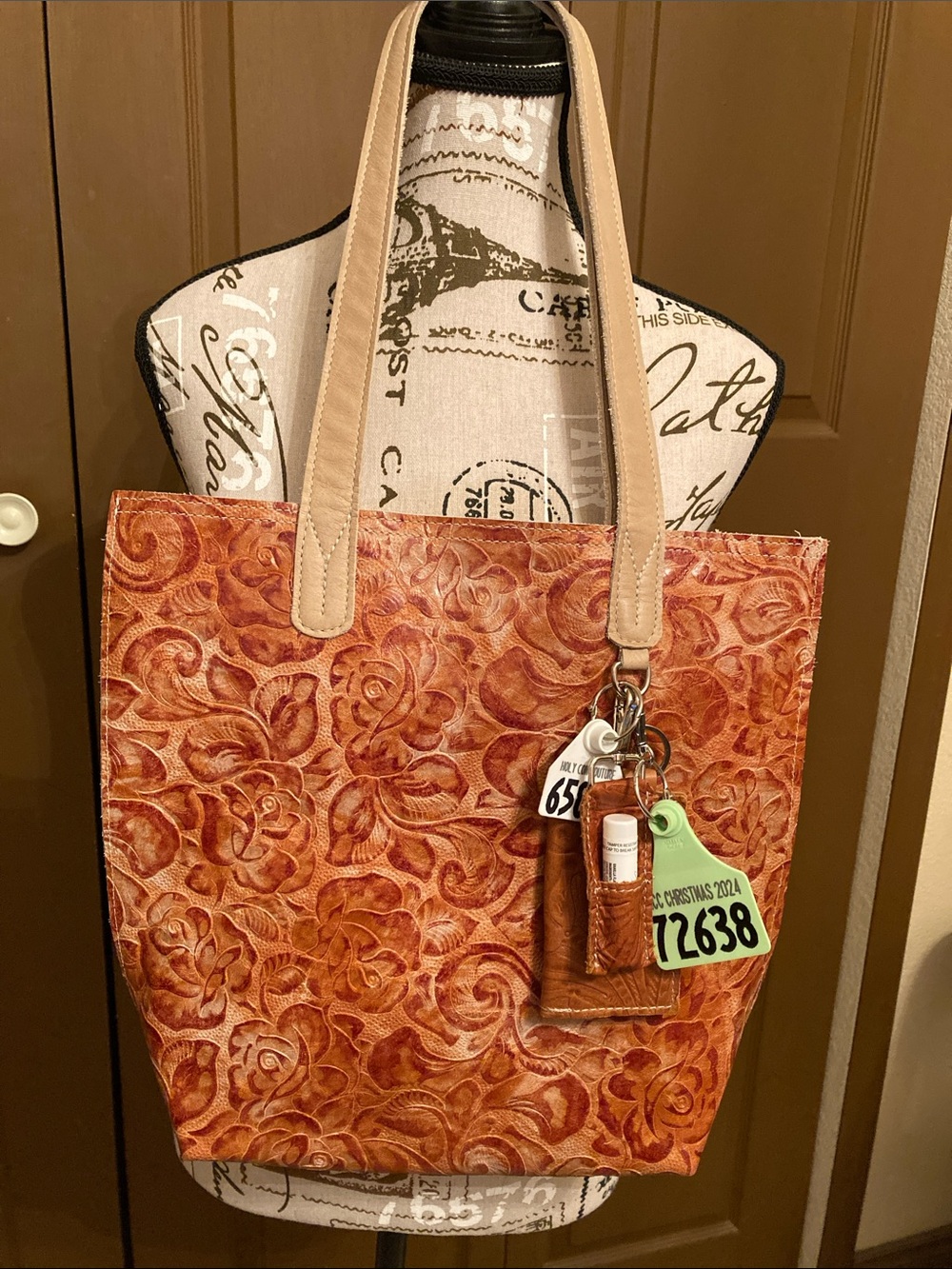 Holy Cow Couture Embossed Rose/Leather Market Tote w/Dust Bag Bundle NWOT